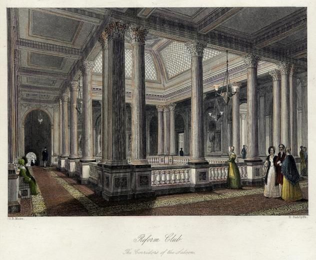 A hand-coloured nineteenth-century illustration shows visitors walking around a grand two-storey club saloon screened by tall Corinthian columns beneath a glazed roof.