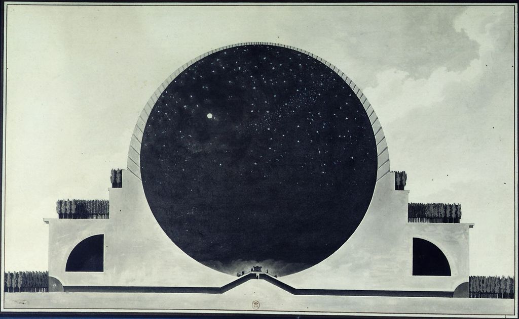 A section through a giant sphere shows a black interior filled with many star-like pinpoints above a tiny entrance passage and visitors, while the surrounding structure remains pale.