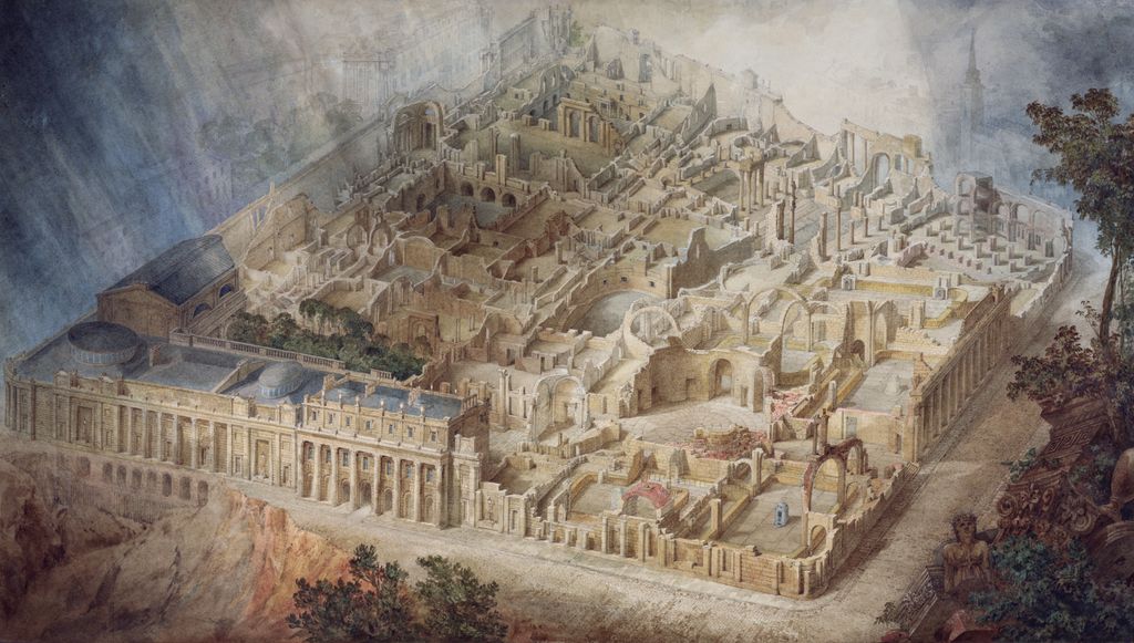 A wide atmospheric watercolour imagines a vast classical bank cut open from above, exposing many vaulted rooms, courts and corridors behind a continuous outer wall.