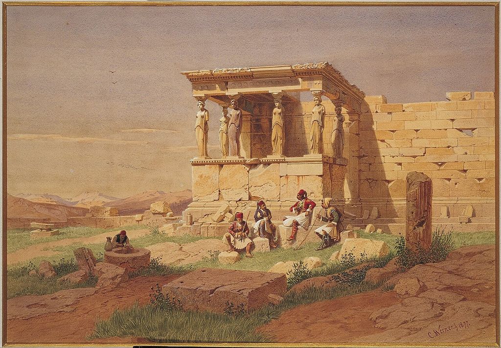 The Prostasis (portico) of the Caryatids on the Erechtheion title QS:P1476,en:"The Prostasis (portico) of the Caryatids on the Erechtheion" label…, an architectural view.