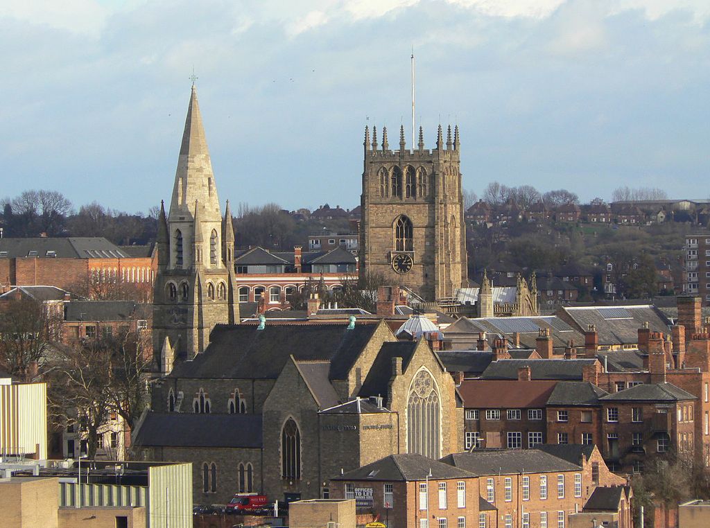 Roofscape of part of Nottingham, England, showing gothic Revival pinnacle.