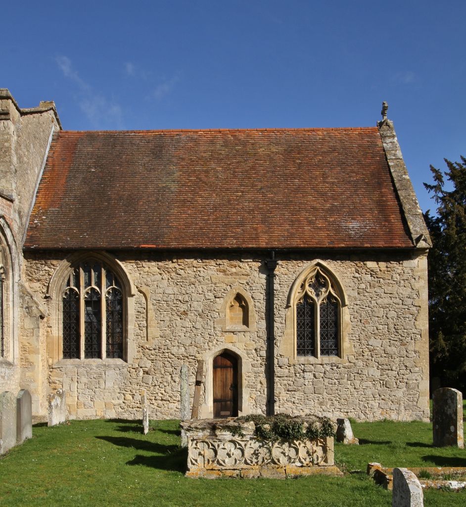 Chancel of All Saints' parish church, Sutton Courtenay, Oxfordshire (formerly Berkshire), seen from south-southwest, showing quatrefoil tracery architecture