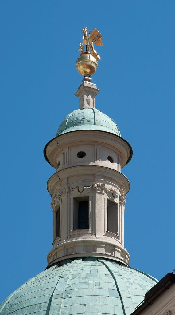 A tall roof lantern above the lower dome of the Katharinenkirche and Mausoleum in Graz.