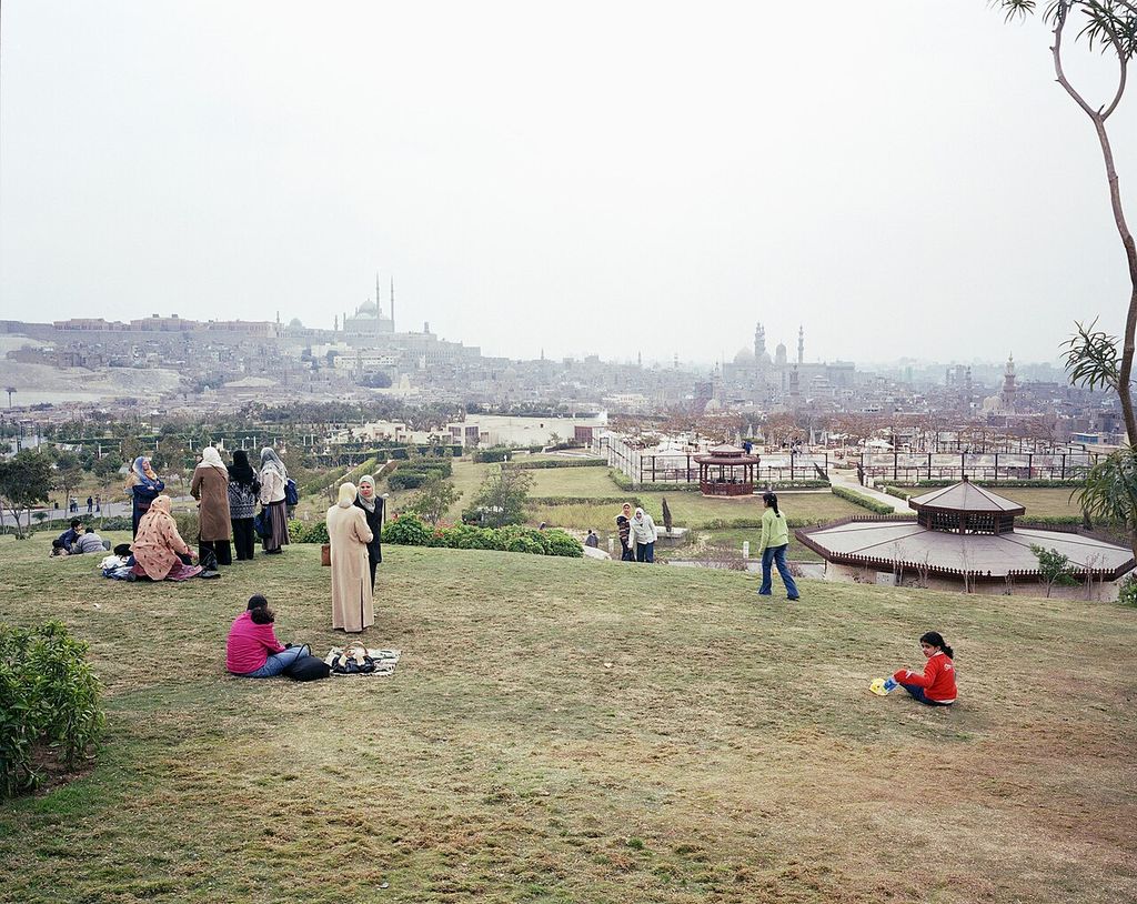 Al-Azhar Park in Cairo, with the Cairo Citadel in backround skyline.