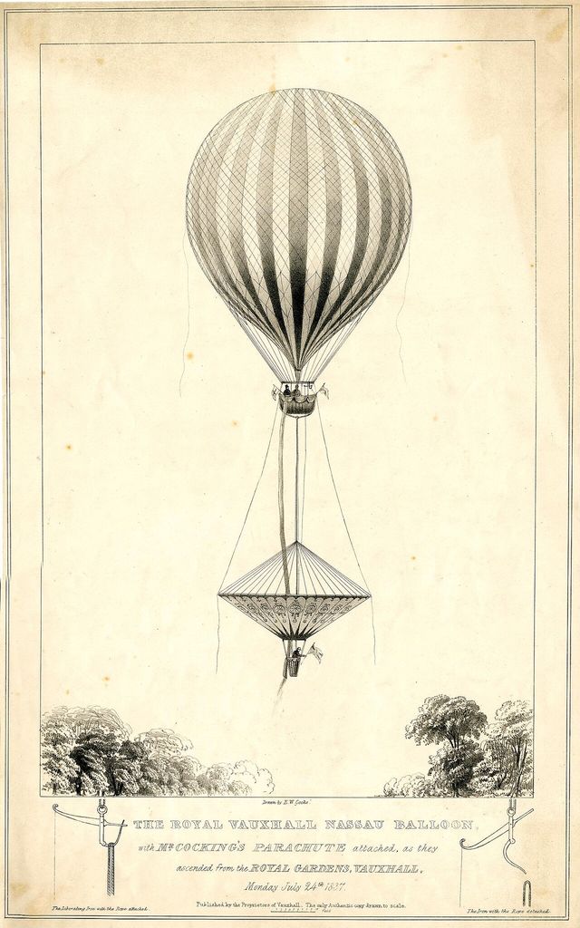 The striped balloon ascending, with two figures in a basket in the middle, pulling a parachute below which lifts Robert Cocking in a lower basket who holds a flag, trees below; two images below showing the iron and….