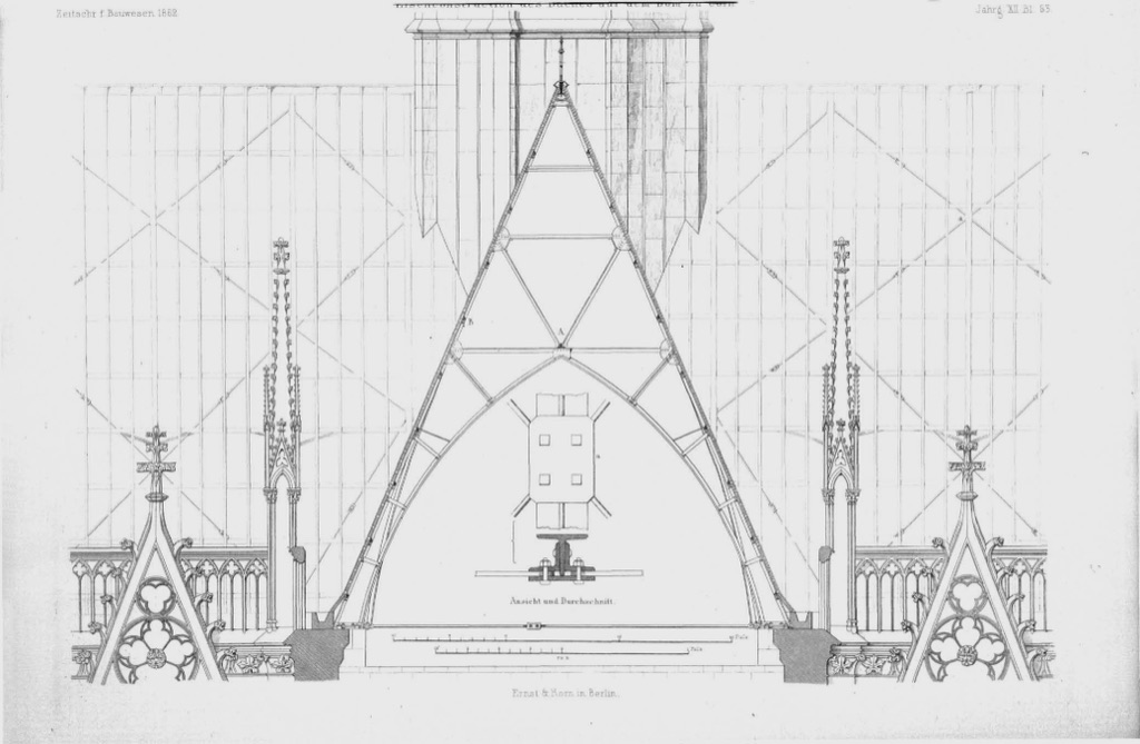 A nineteenth-century technical elevation shows the repeating wrought-iron trusses designed for Cologne Cathedral’s roof.