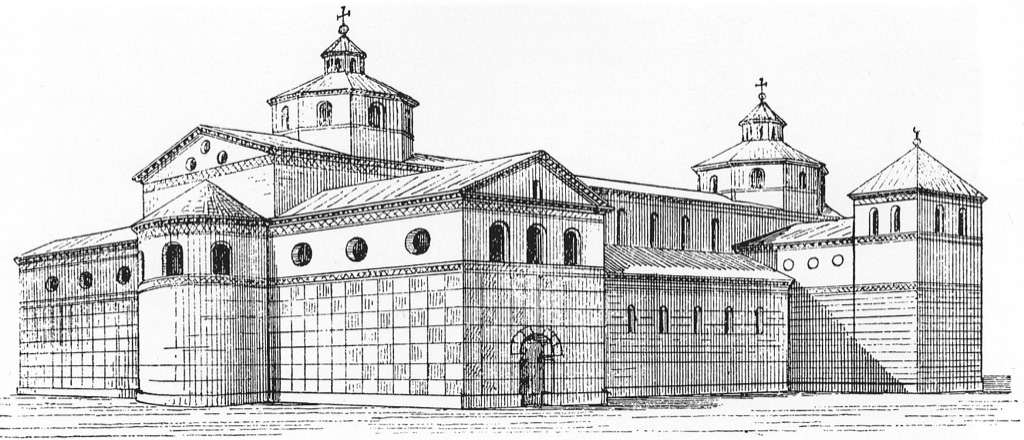 A black-and-white reconstruction drawing shows the Old Cathedral at Cologne as a double-ended basilica with apses and towers.
