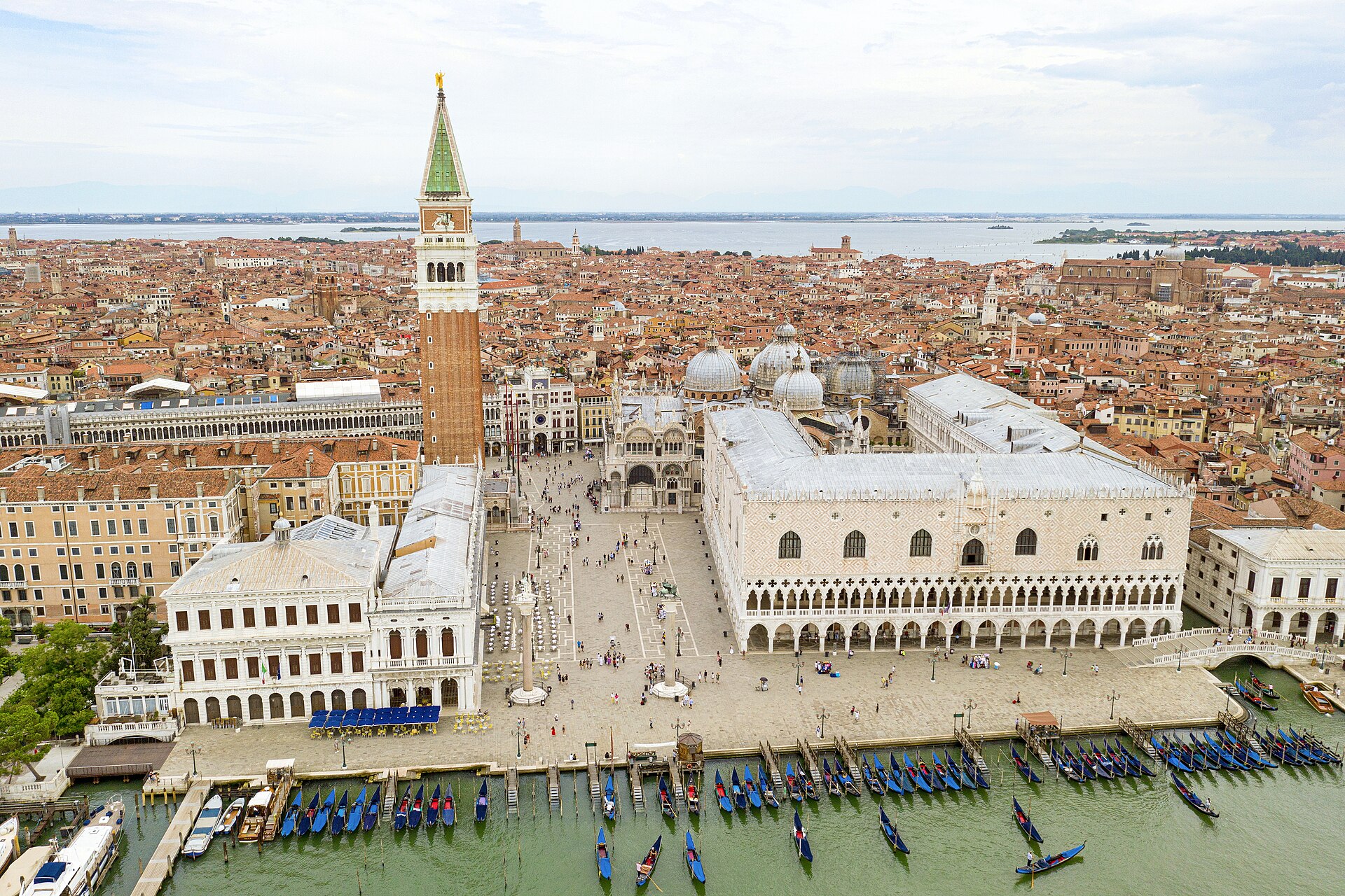 Aerial view of St Mark’s Square, the Piazzetta, Doge’s Palace and the lagoon waterfront.