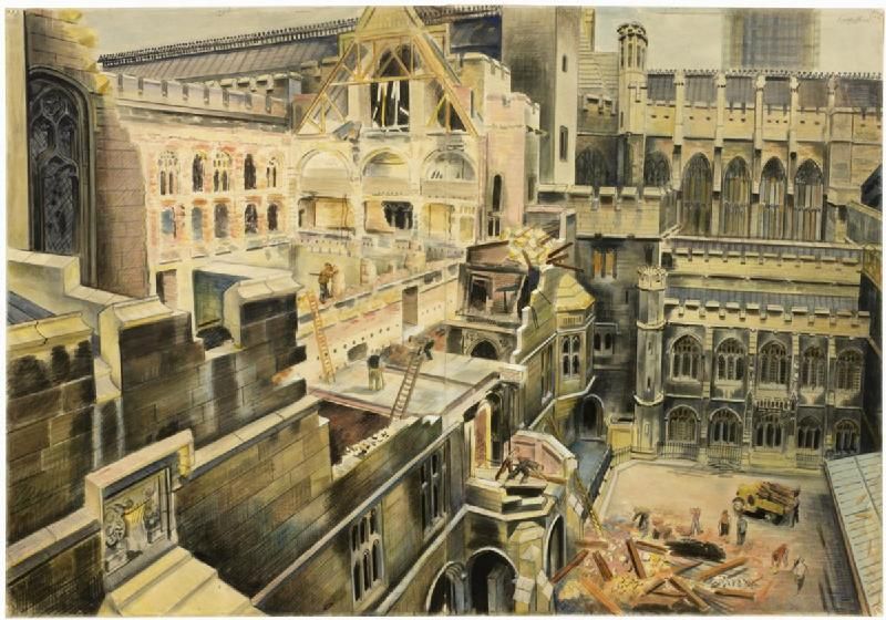 A muted wartime painting shows workers, ladders, temporary timber and debris among roofless Gothic walls and parliamentary courtyards.