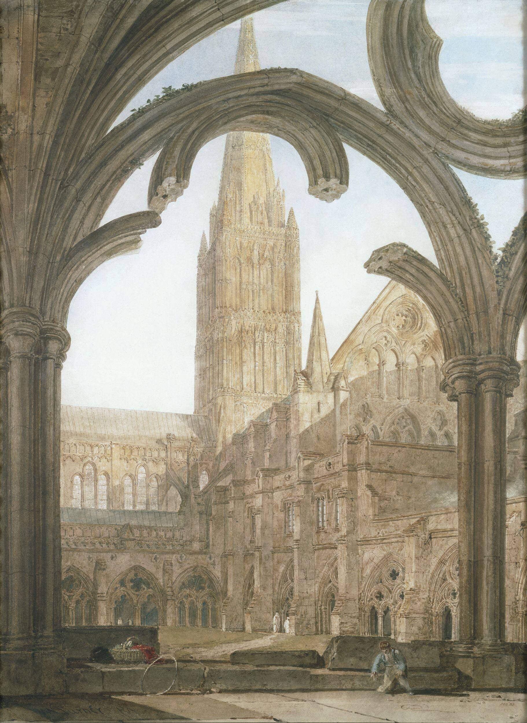 J. M. W. Turner's 1802 watercolour looking through damaged cloister tracery towards Salisbury Cathedral's tower and spire.