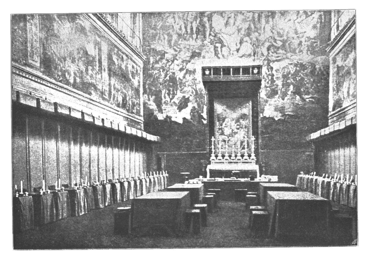 Historic illustration of cardinals seated at desks beneath the Sistine Chapel frescoes during the 1903 conclave.