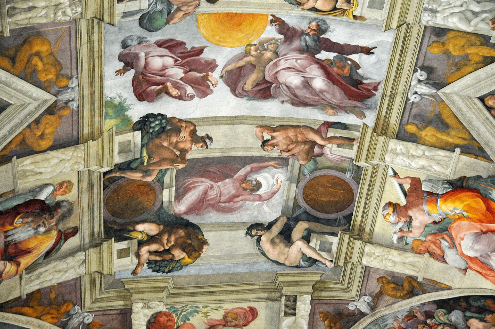Detail of Michelangelo’s Creation scenes, ignudi and fictive stone frames on the Sistine Chapel ceiling.