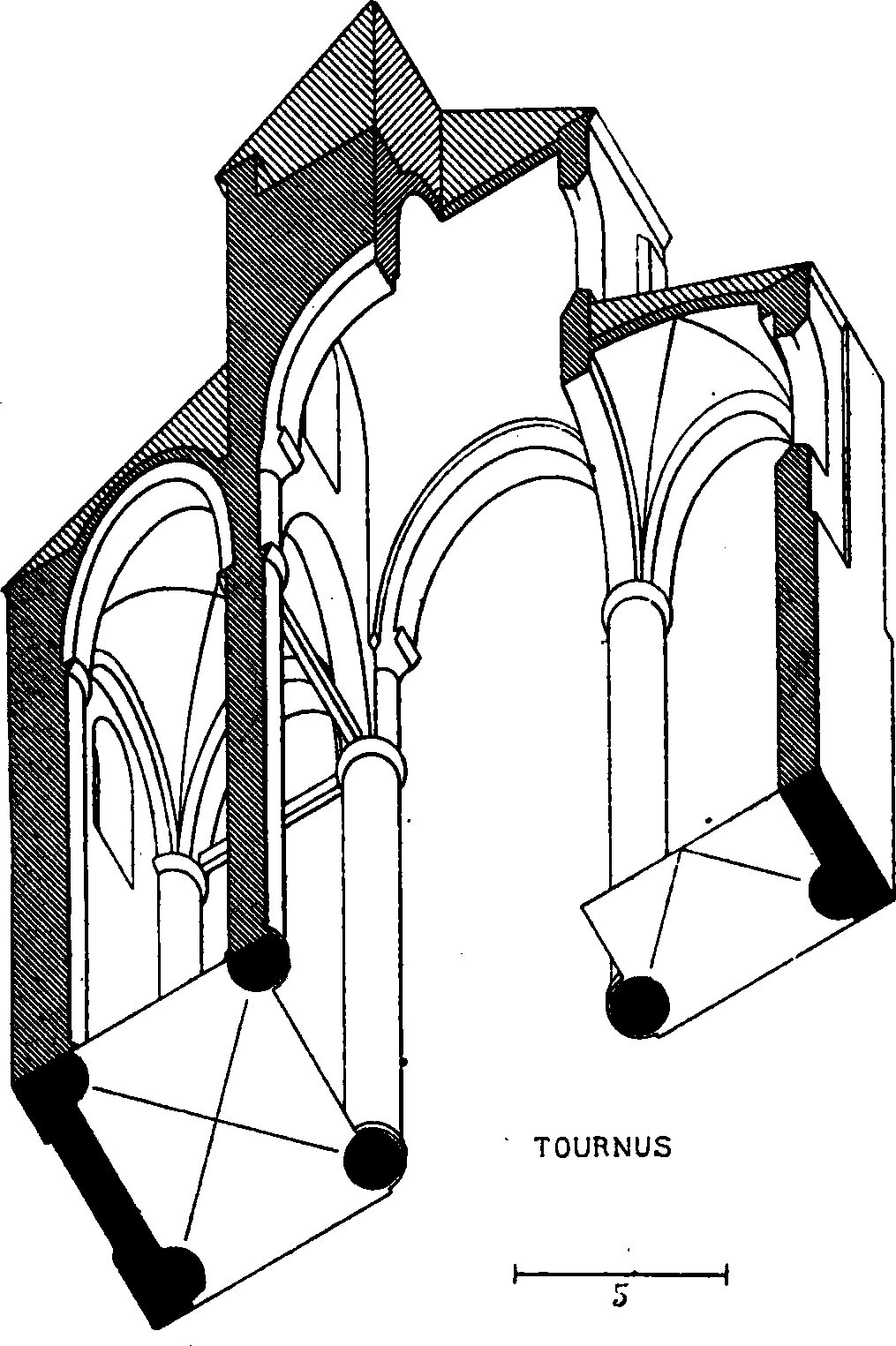 Hatched cut masonry, repeated stone arches and high vaults in Choisy’s underside reconstruction of the Tournus nave.