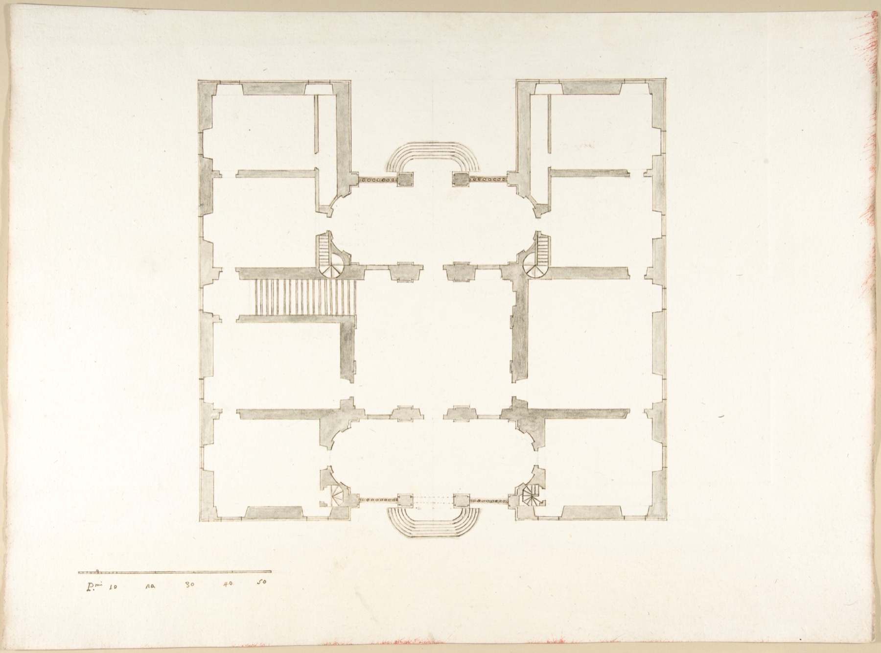 Pietro Paolo Coccetti plan with ink outline, grey washes and a scale.