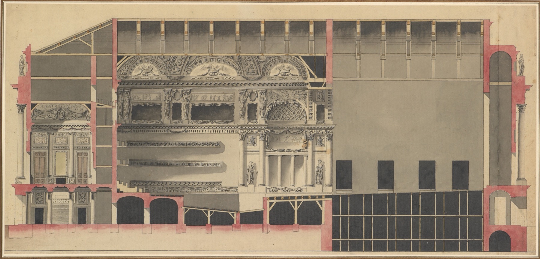 Coloured longitudinal cut through a theatre revealing tiered interiors and roof form.