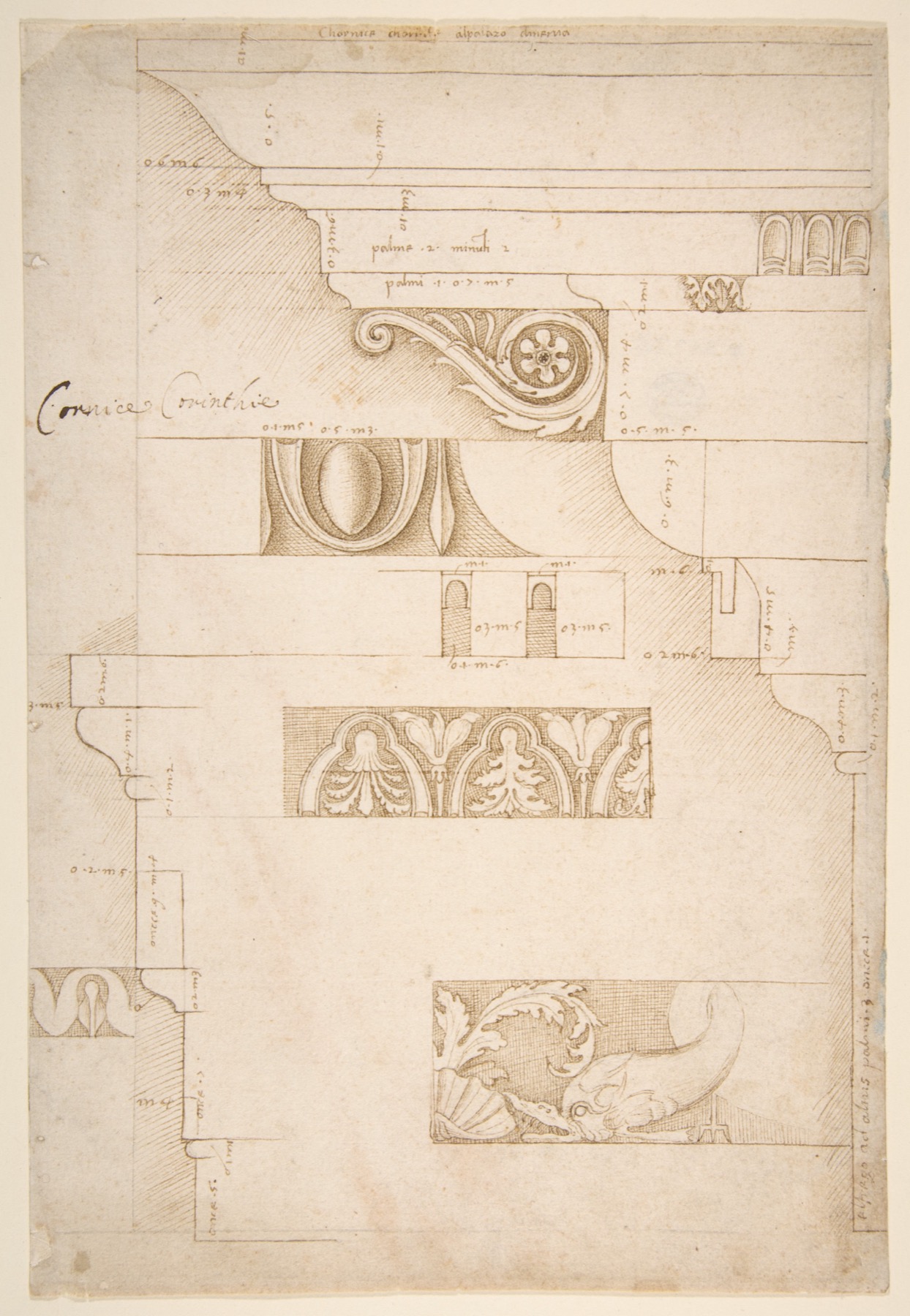Antique cornice and entablature profiles with dimension marks, leadpoint rulings and compass geometry.