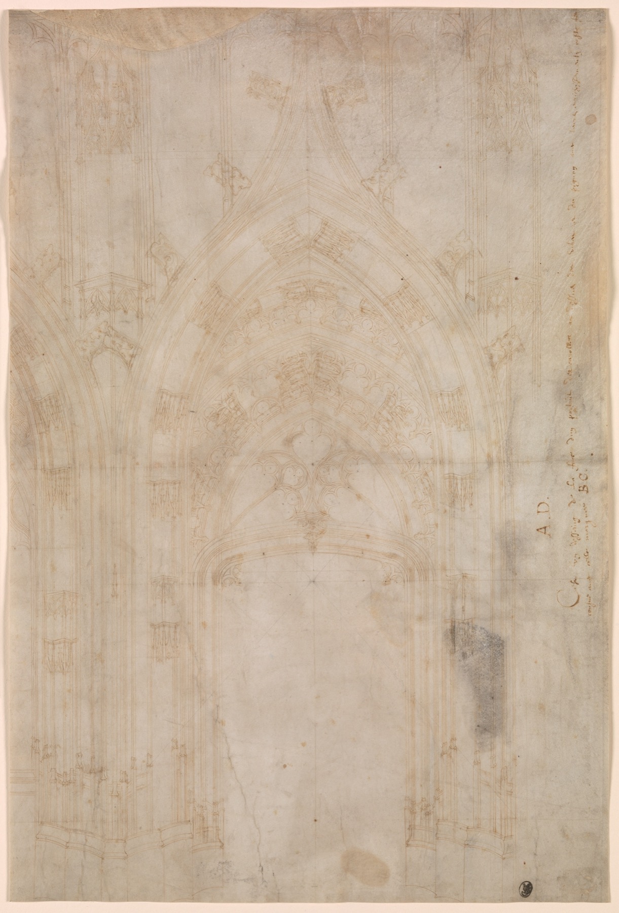 Gothic facade ruled in brown ink over black chalk on a pale vellum sheet.