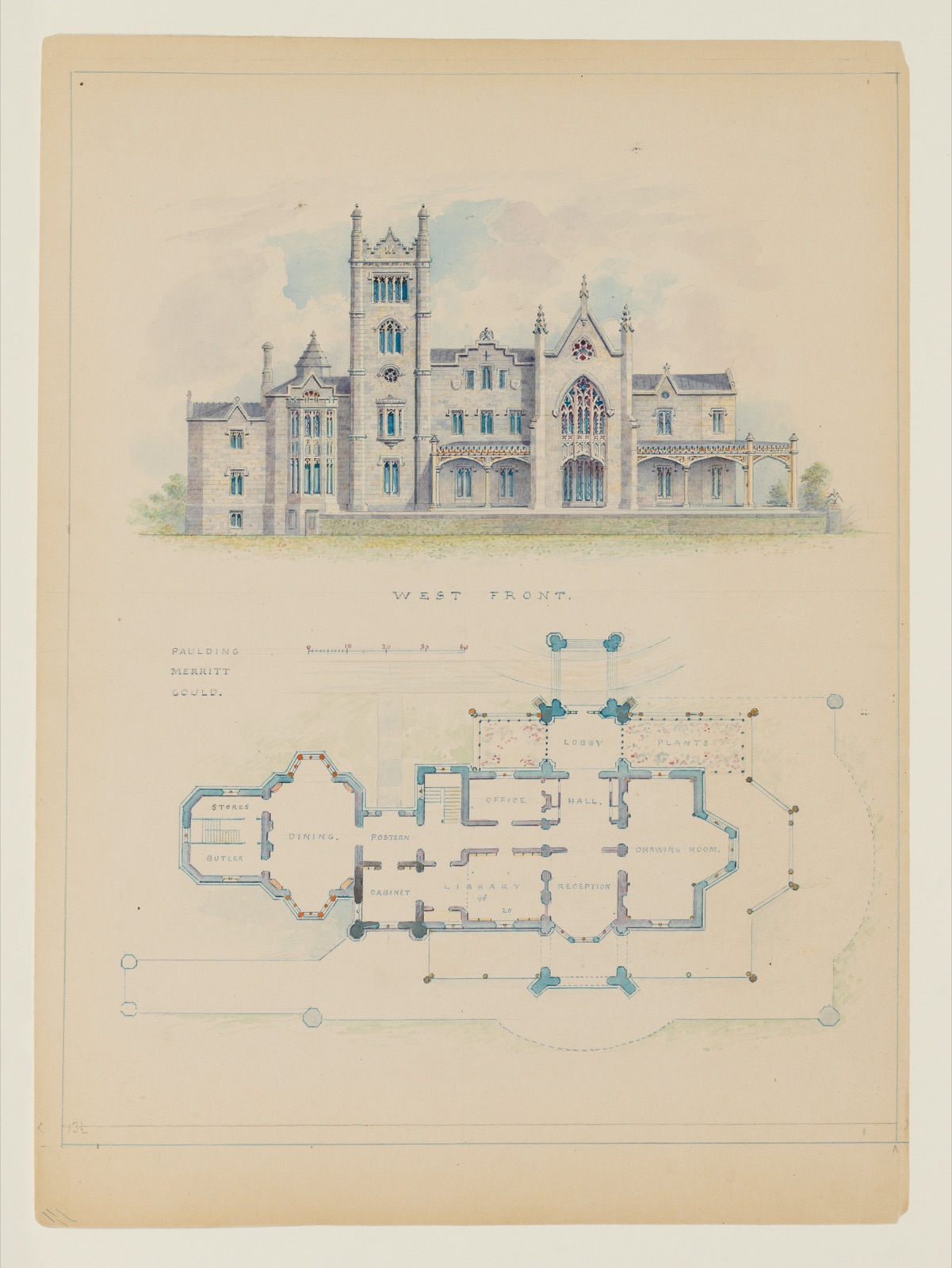 Lyndhurst west front watercolour above blue floorplan and scale on a single late sheet.