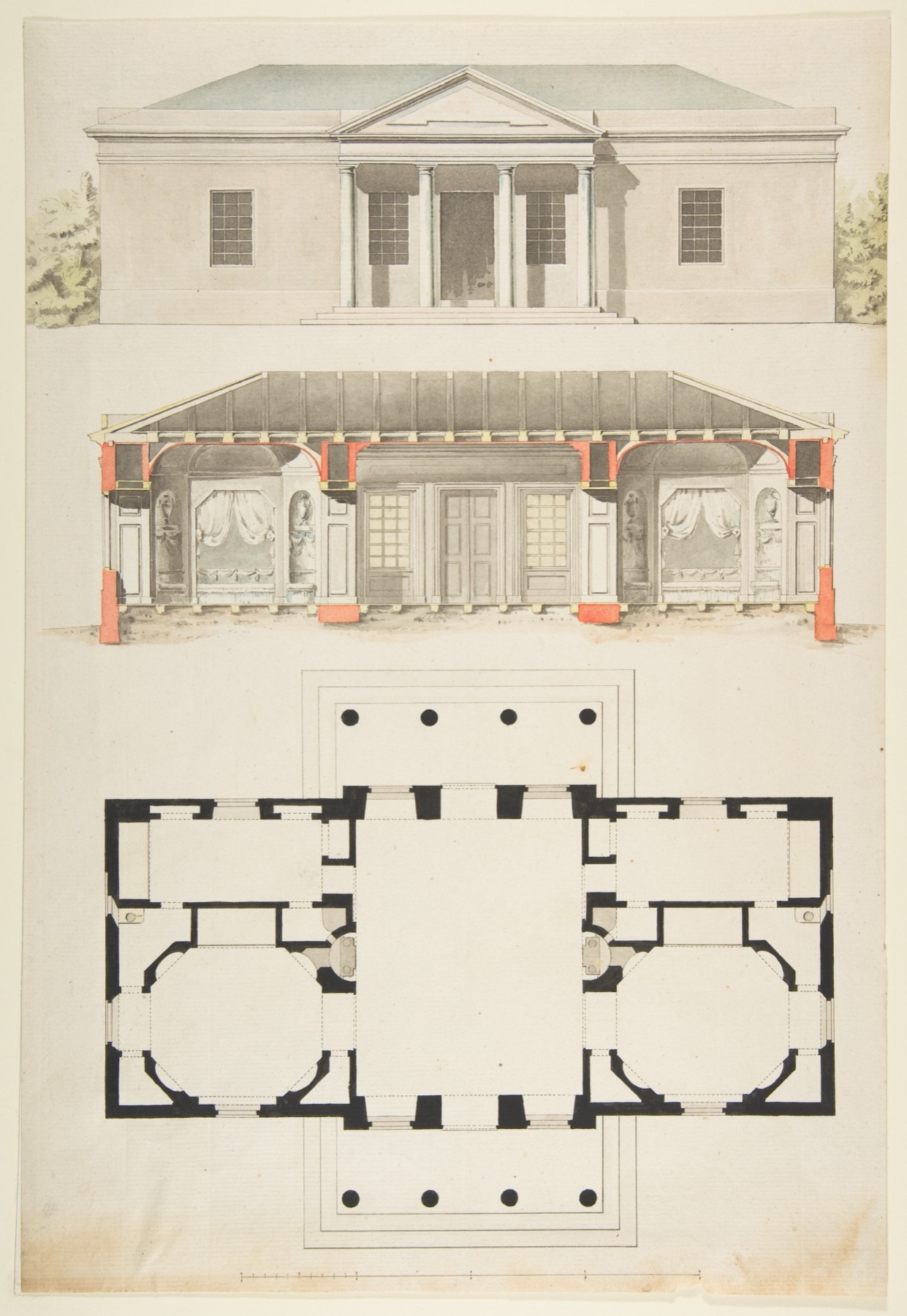 Late eighteenth-century pavilion drawing with facade at top, coloured vertical cut at centre and black-lined floor plan at bottom.