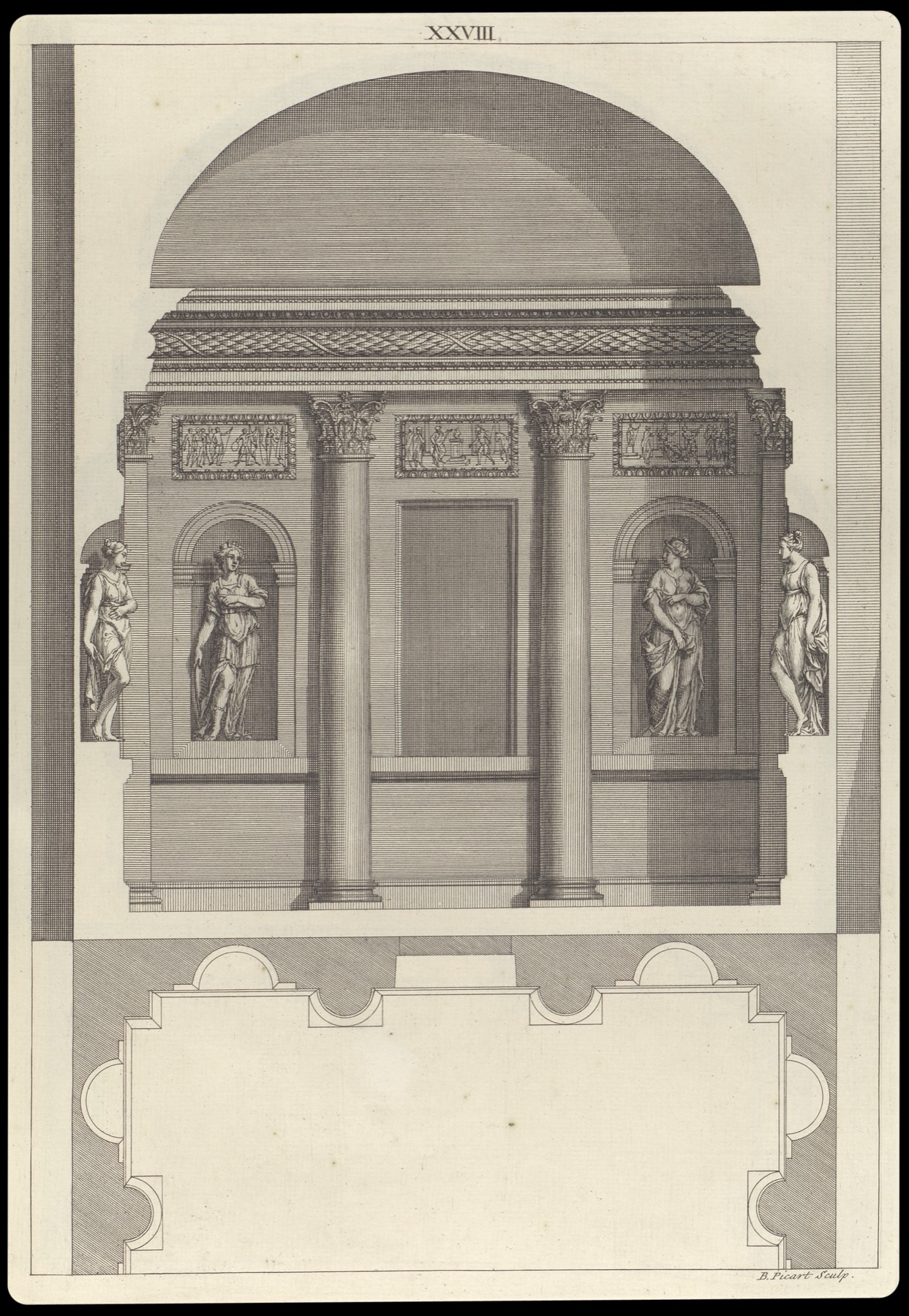 Black-and-white printed plate with Corinthian hall elevation on top and its outlined room plan below.