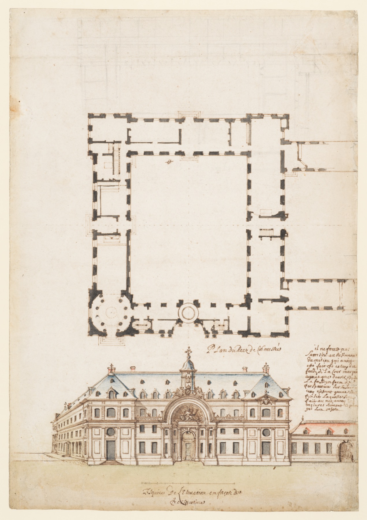 Seventeenth-century French sheet showing courtyard plan above perspective of a long, ornamented building.