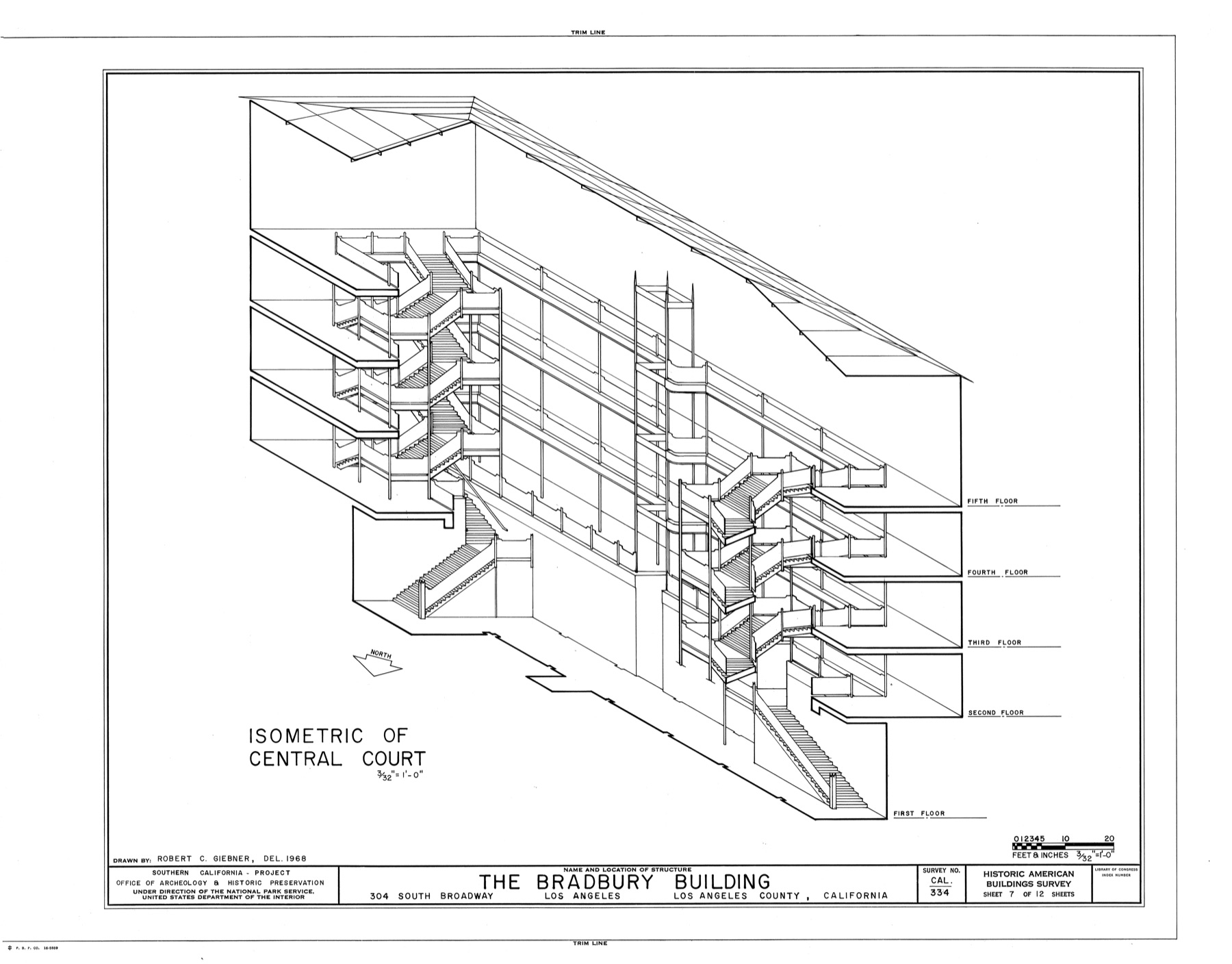 Black-line historic survey sheet of Bradbury’s long internal court with multiple floors, staircases and balcony galleries shown together.
