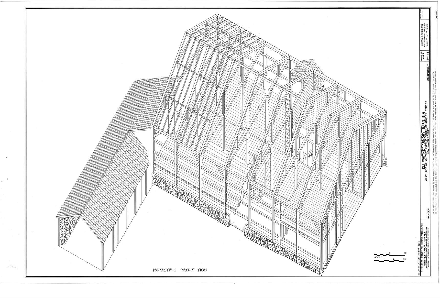 Black-line survey isometric of a timber barn, with portions of roof and cladding opened to show posts, bracing and roof framing.