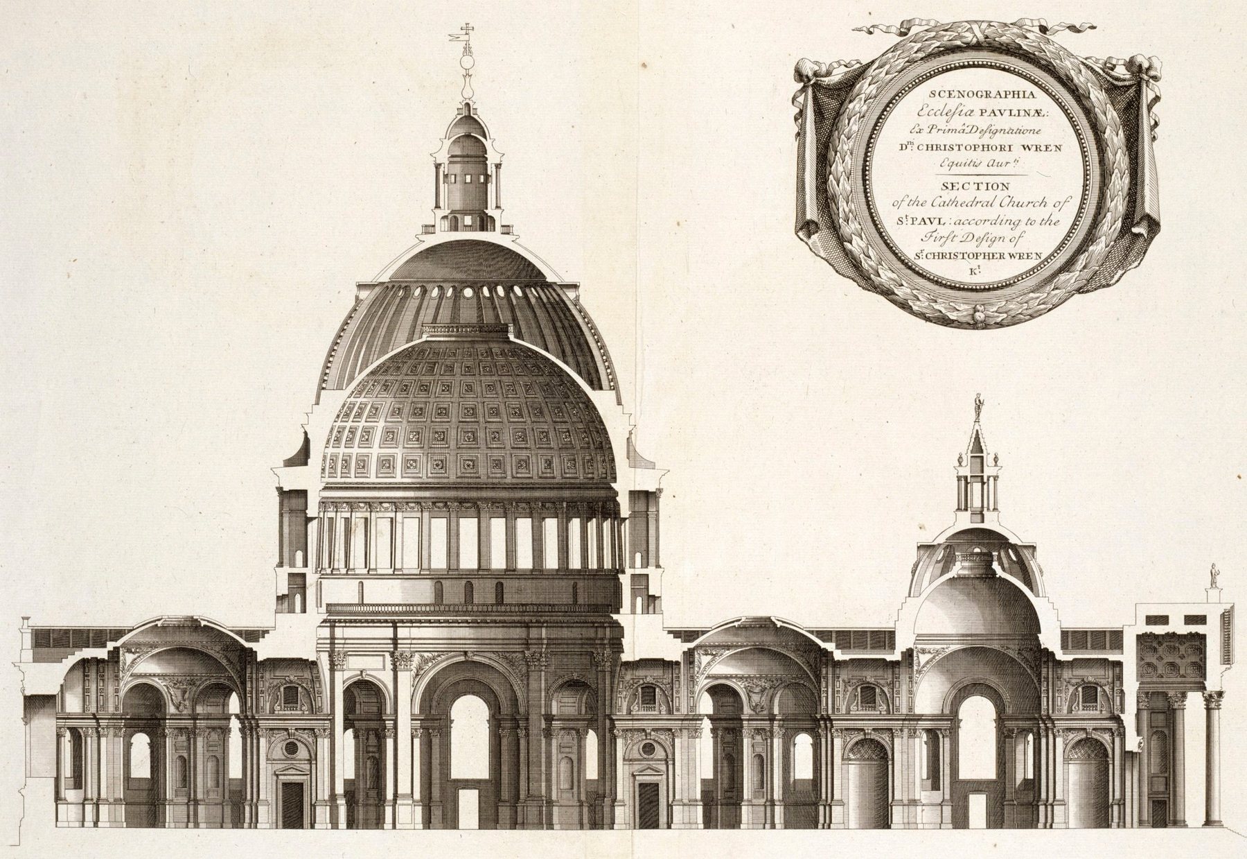 Engraved long section through the Great Model proposal showing internal dome, vault and adjoining spaces.
