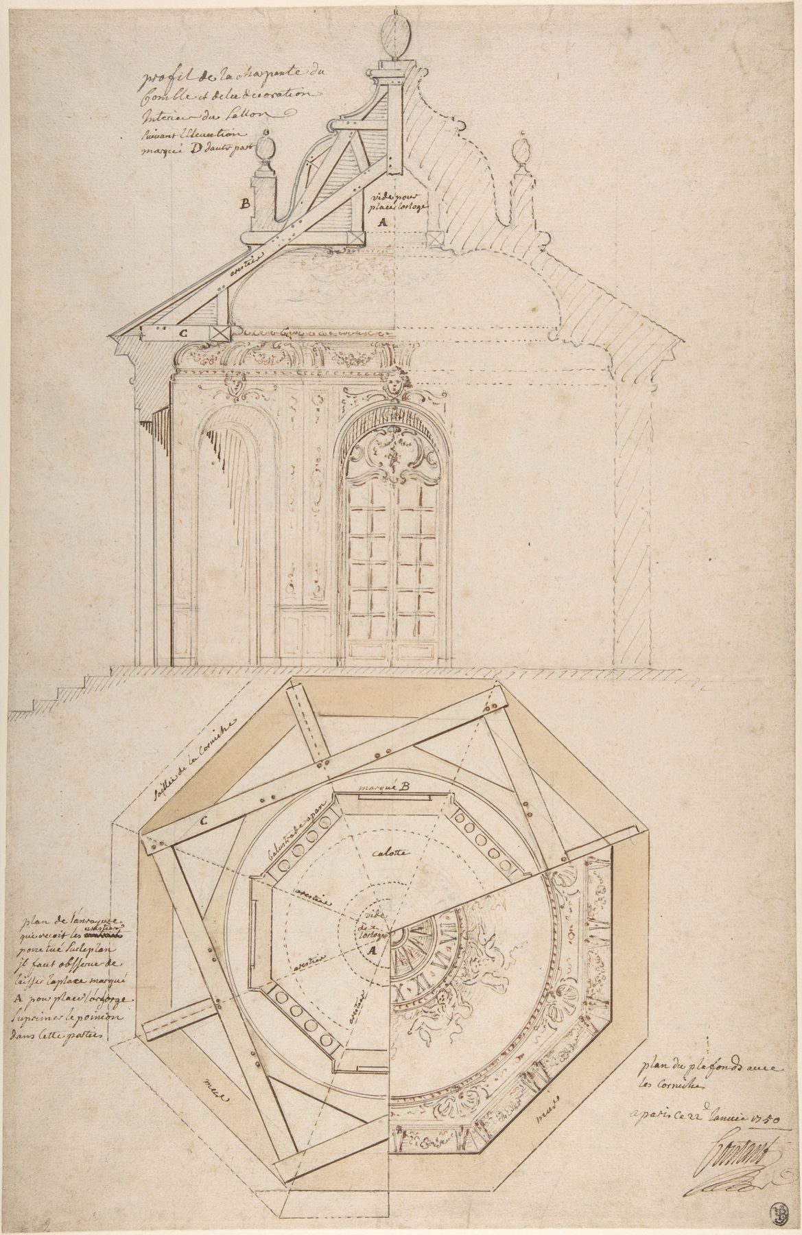 1750 pavilion drawing showing roof plan and section in brown and grey wash on the sheet recto.