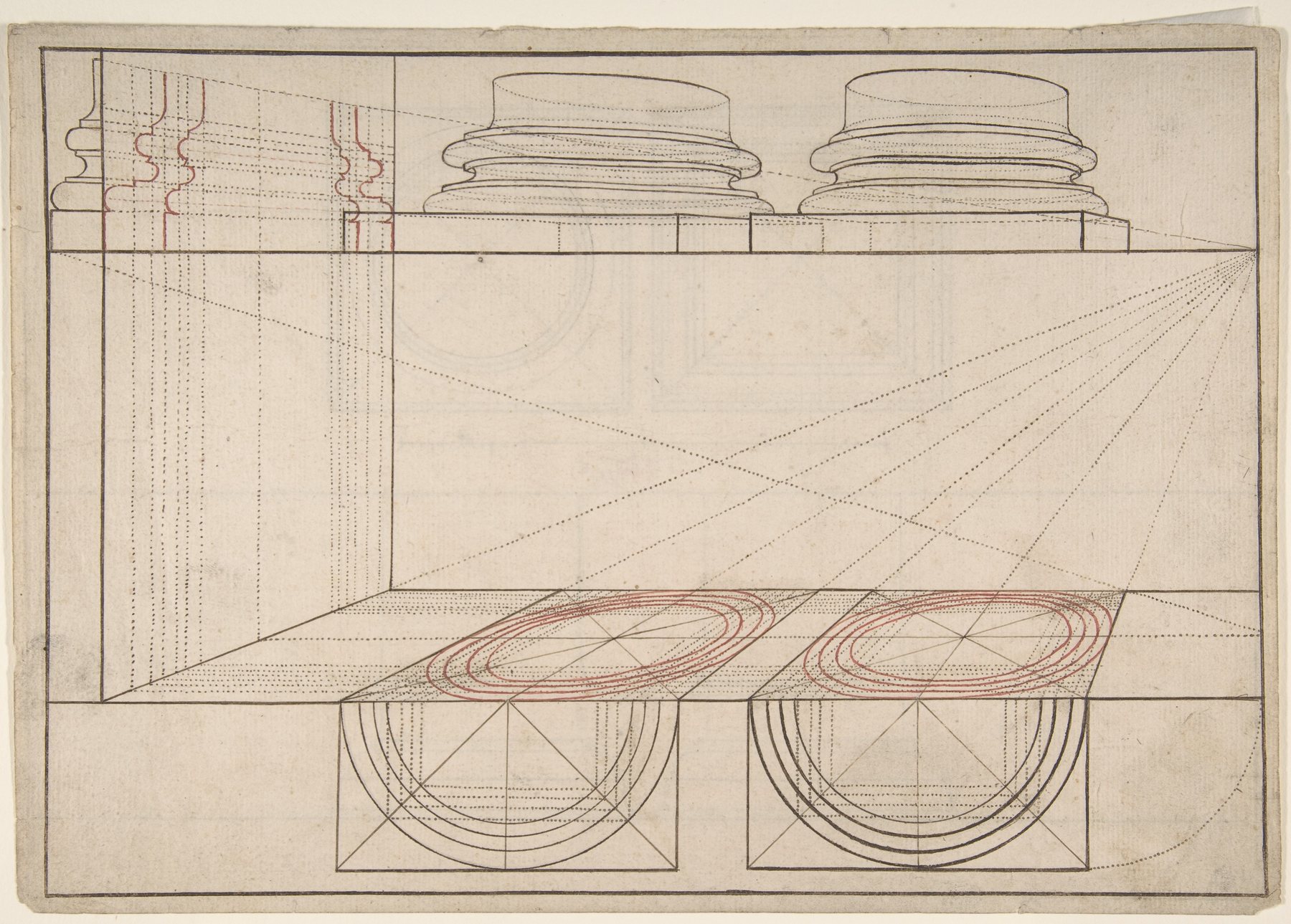 Two column-base studies with dense ruled convergence marks and a drawn elevation at left.