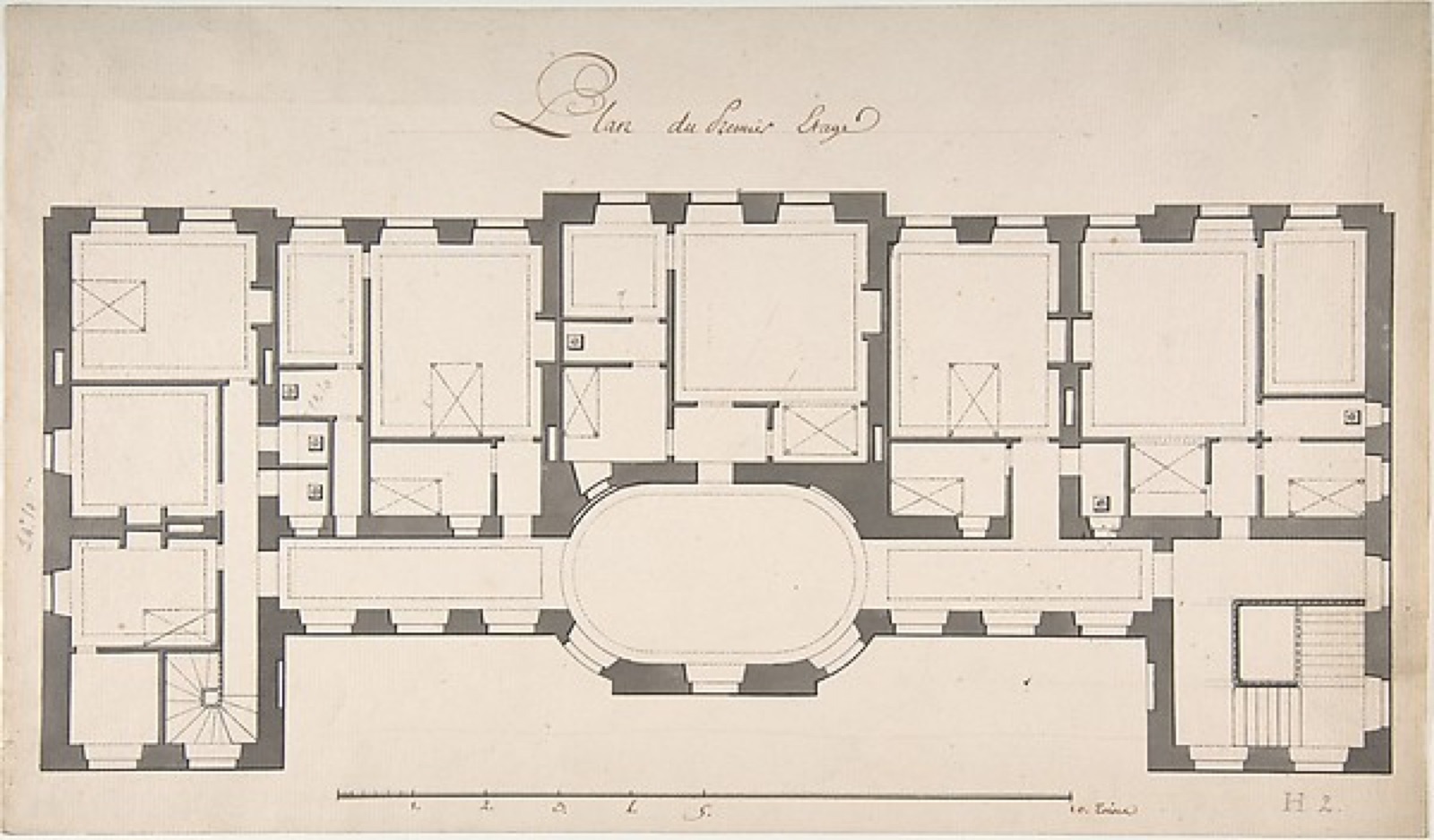 Grey-washed second-floor palace plan with rooms, stairs and central oval space.