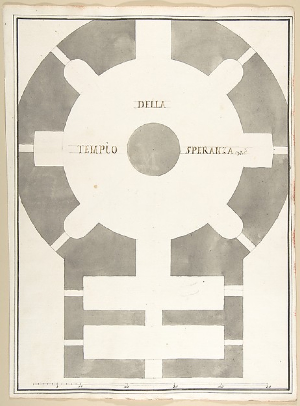 Circular grey-washed temple plan with four projecting axes and Tempio della Speranza inscription.