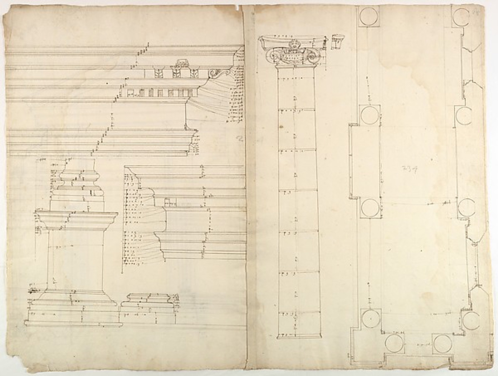 Joined-looking French Renaissance sheet with Roman portico plan at right and elevations and profiles at left.