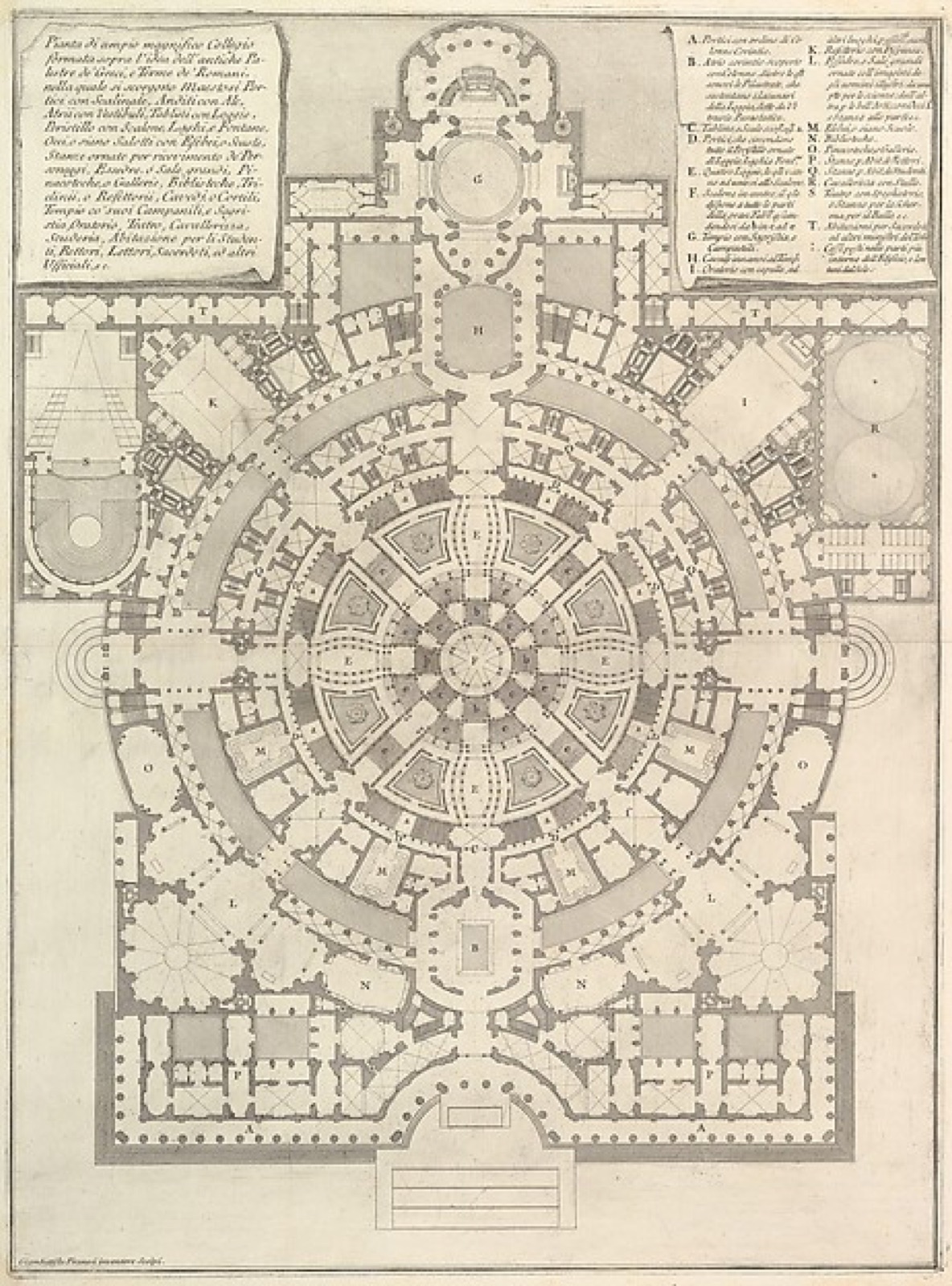 Piranesi etched visionary college plan with a circular central space and many radiating rooms.