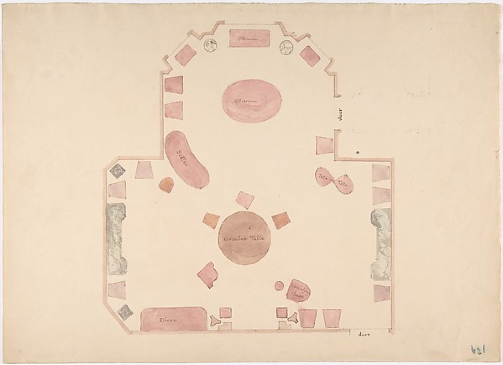 Pale pink and grey early nineteenth-century plan of a single furnished room.