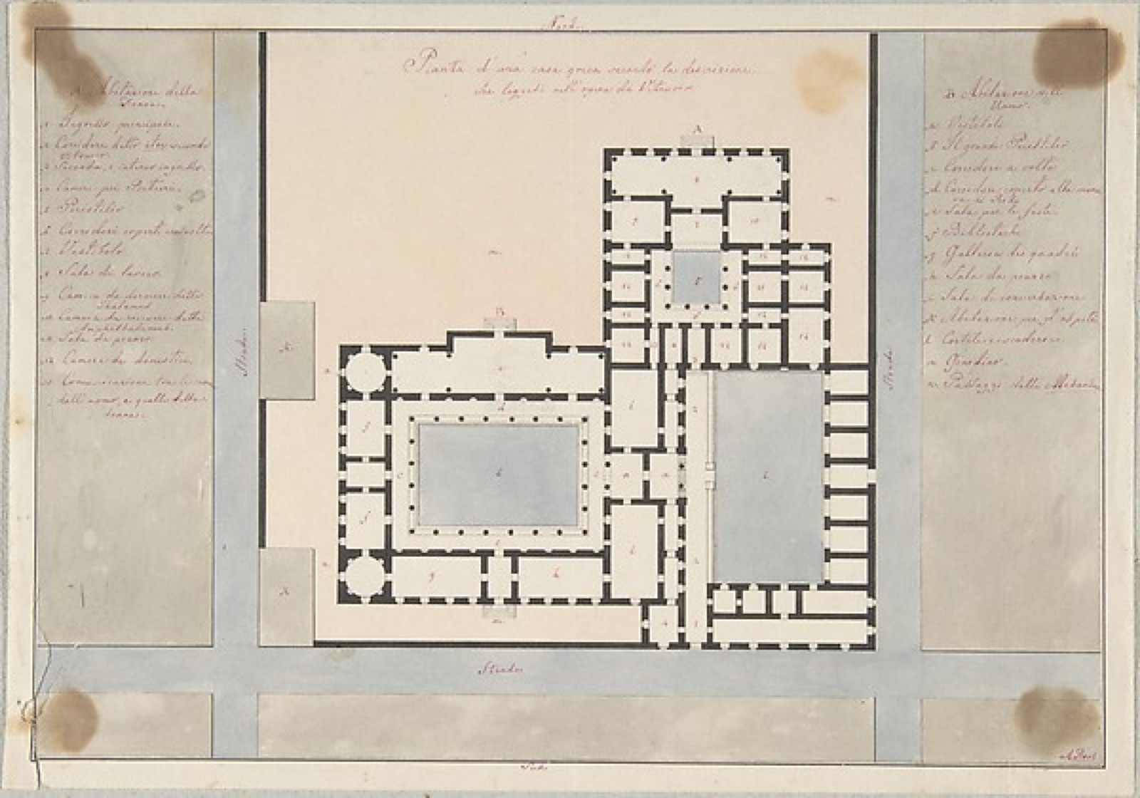 Nineteenth-century Italian coloured plan of a Greek house, with a courtyard and written labels at either side.
