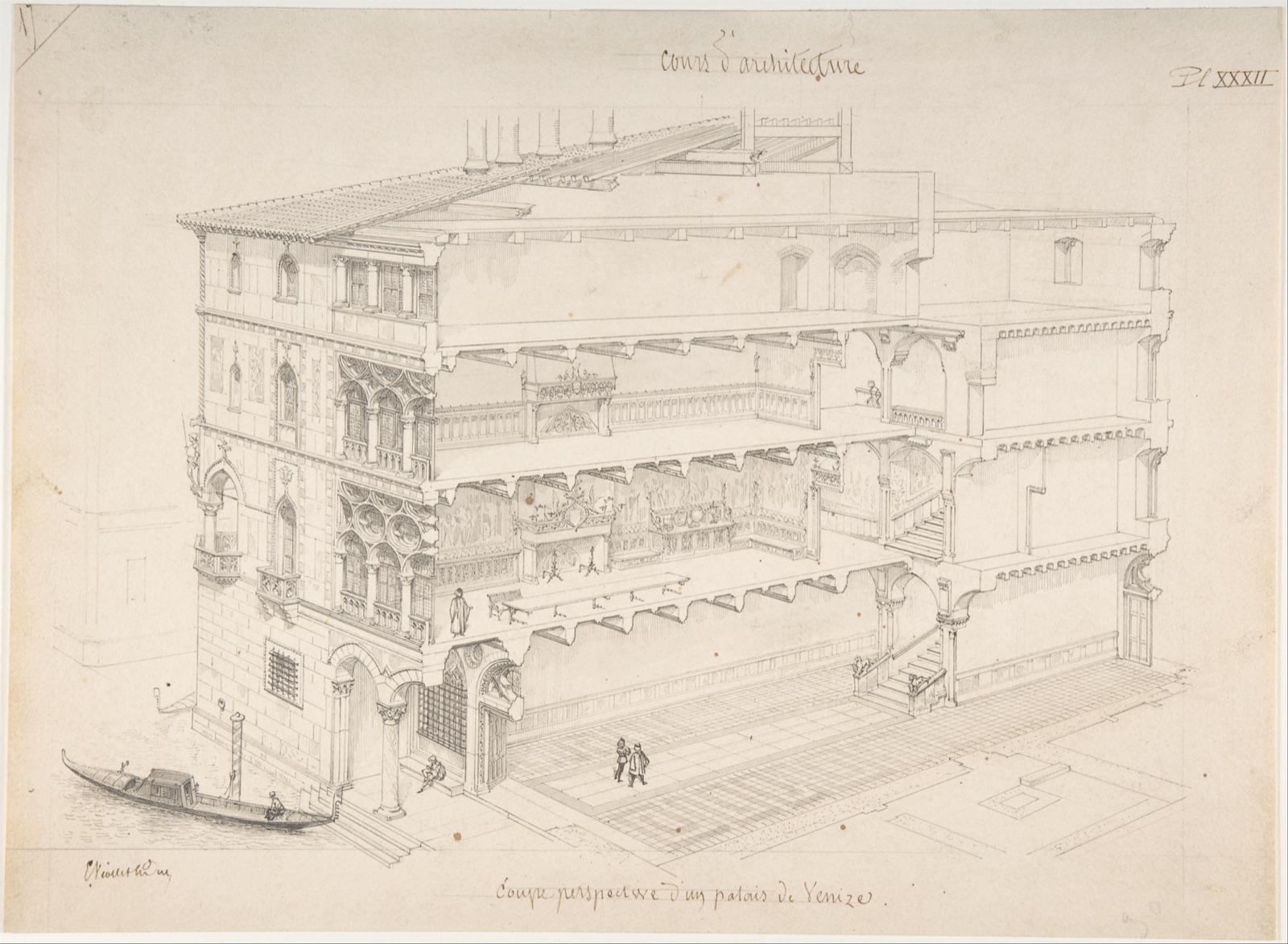 Perspectival Venetian palace cutaway showing several floors, opened wall and roof, with stairs receding.