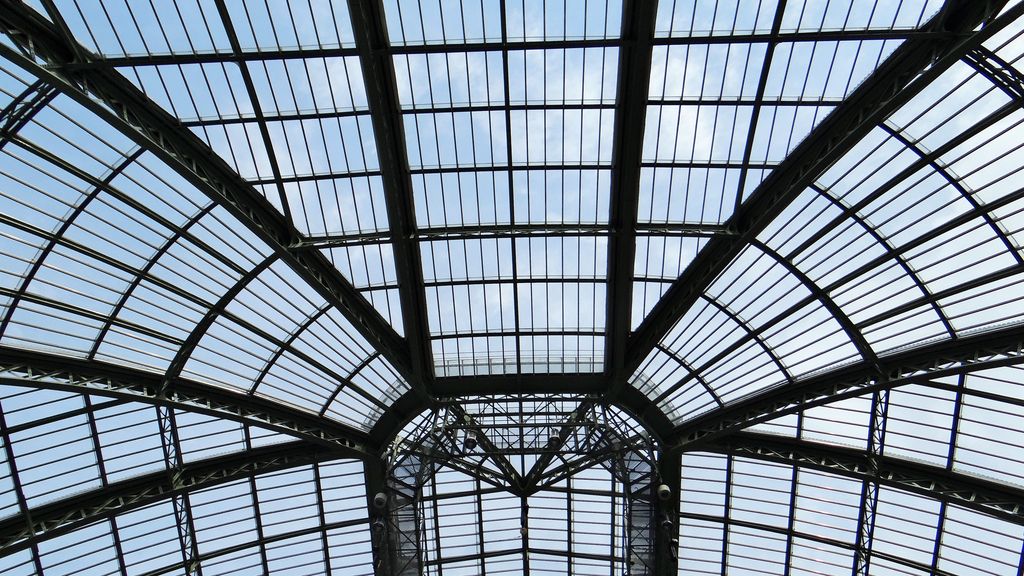 Dark metal trusses and curved ribs divide a broad glass roof into a grid against the sky.