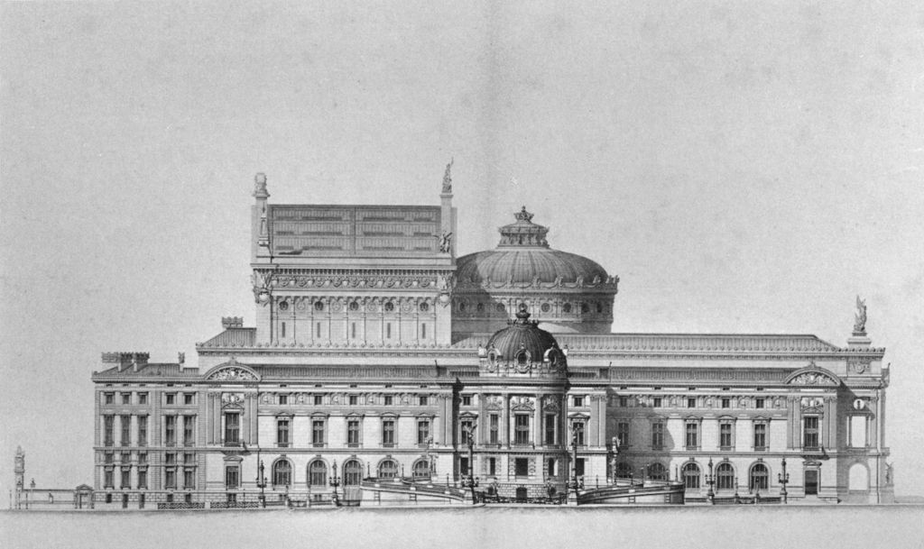 A grayscale architectural elevation arranges a projecting domed pavilion, long wings and taller central roof masses above a ramped approach.