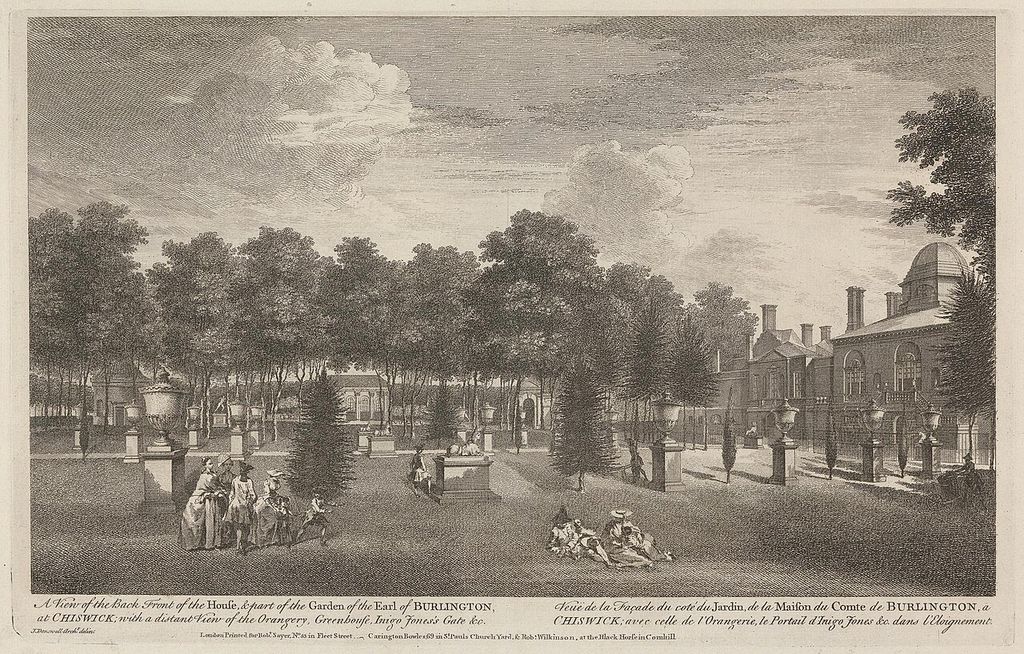 Historical engraved view of a domed villa with a classical portico, steps and a formal garden.