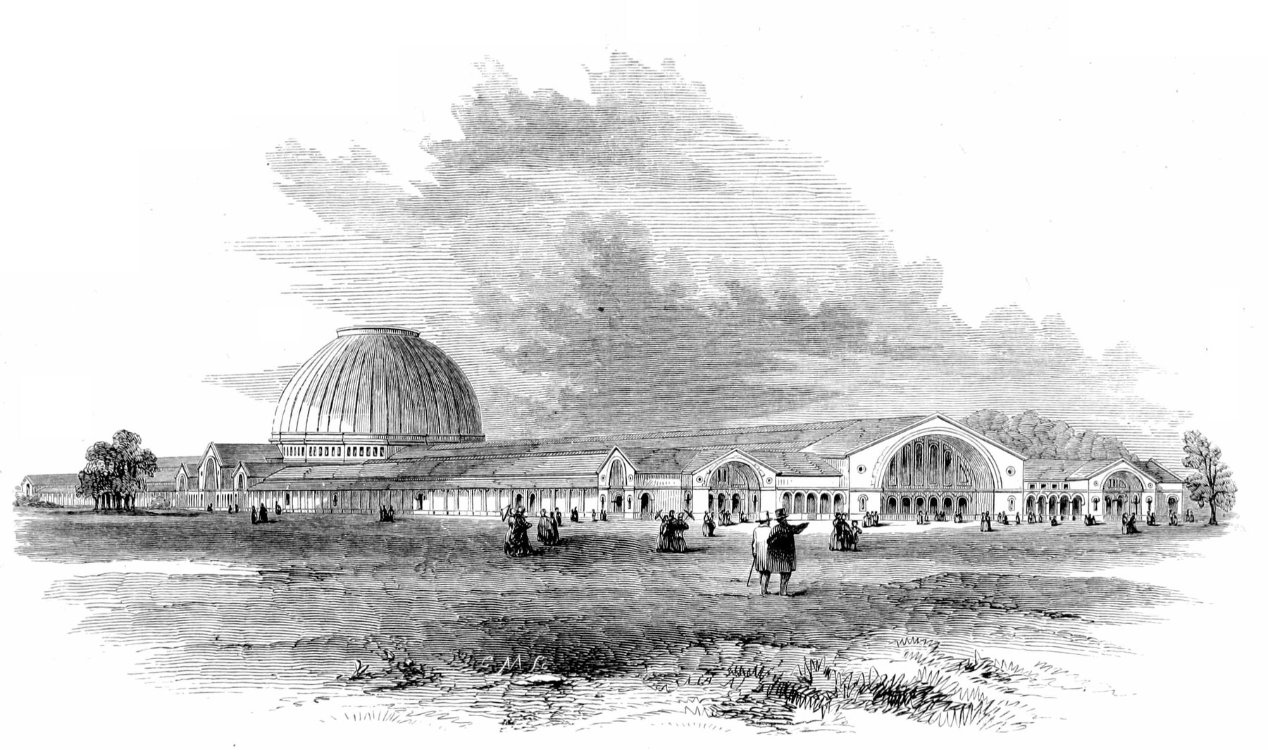 Historic engraved exterior view of the Crystal Palace showing its long glazed wings, transept vault and modular iron frame.