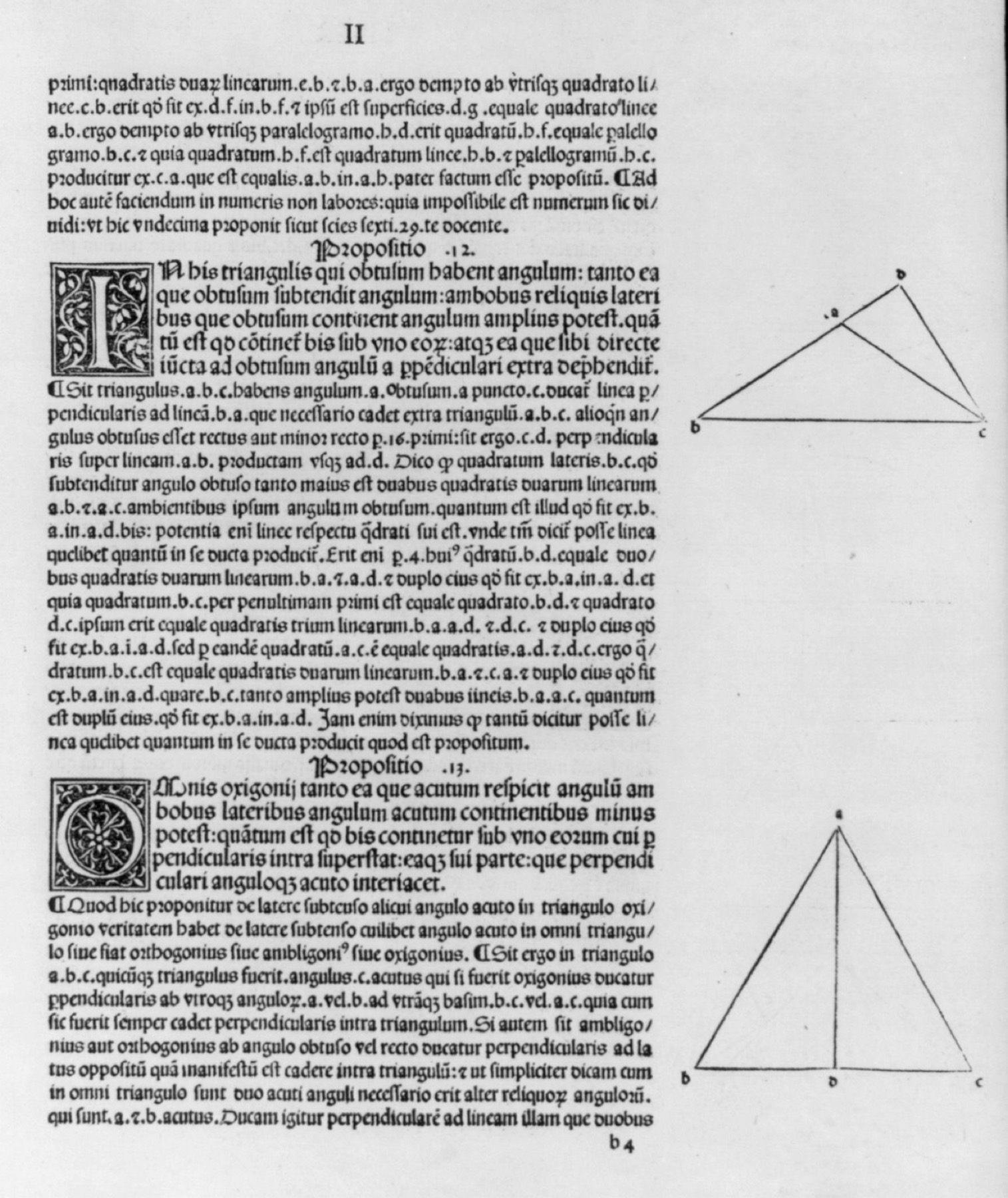 Black-and-white page from the 1482 printed Euclid with dense Latin type, decorated initials and two geometric diagrams.
