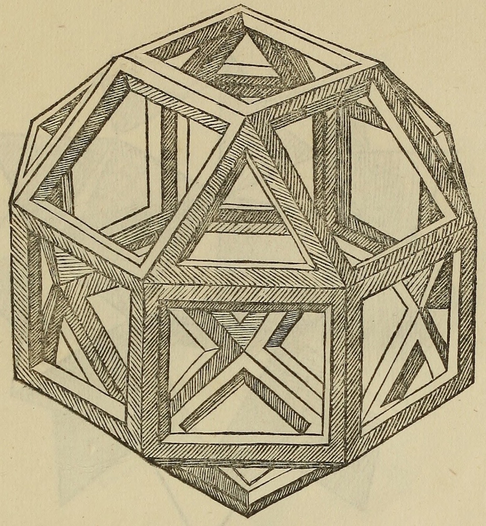 Leonardo da Vinci printed drawing of an open rhombicuboctahedron formed by square and triangular frames.