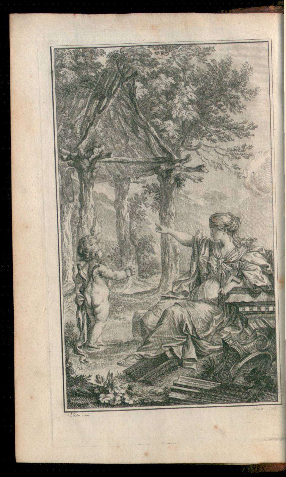 1755 allegorical engraving: seated figure points a child toward a shelter of tree-like supports, beam and triangular roof.