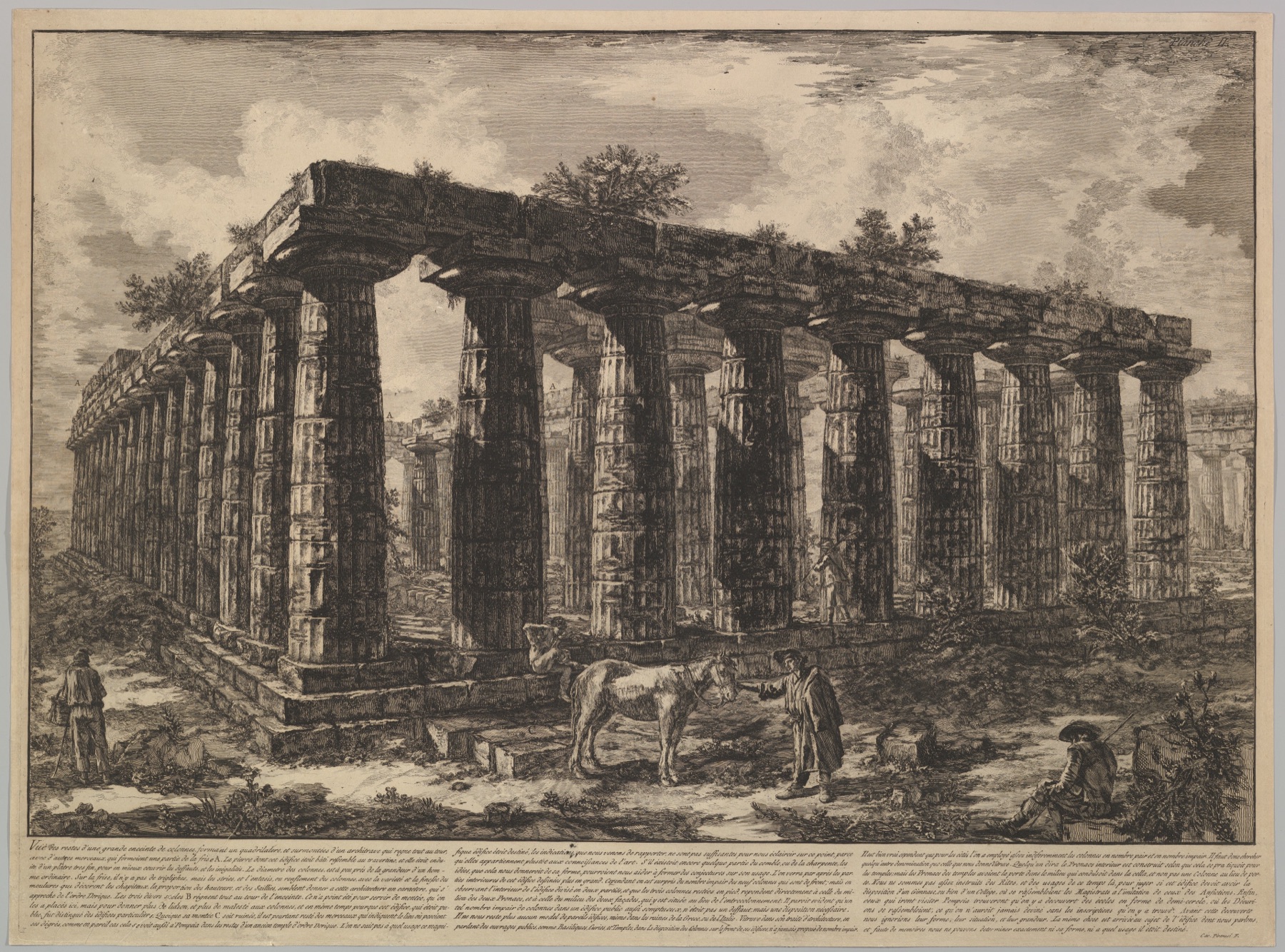 Piranesi eighteenth-century etched view of the archaic Doric temples of Paestum.