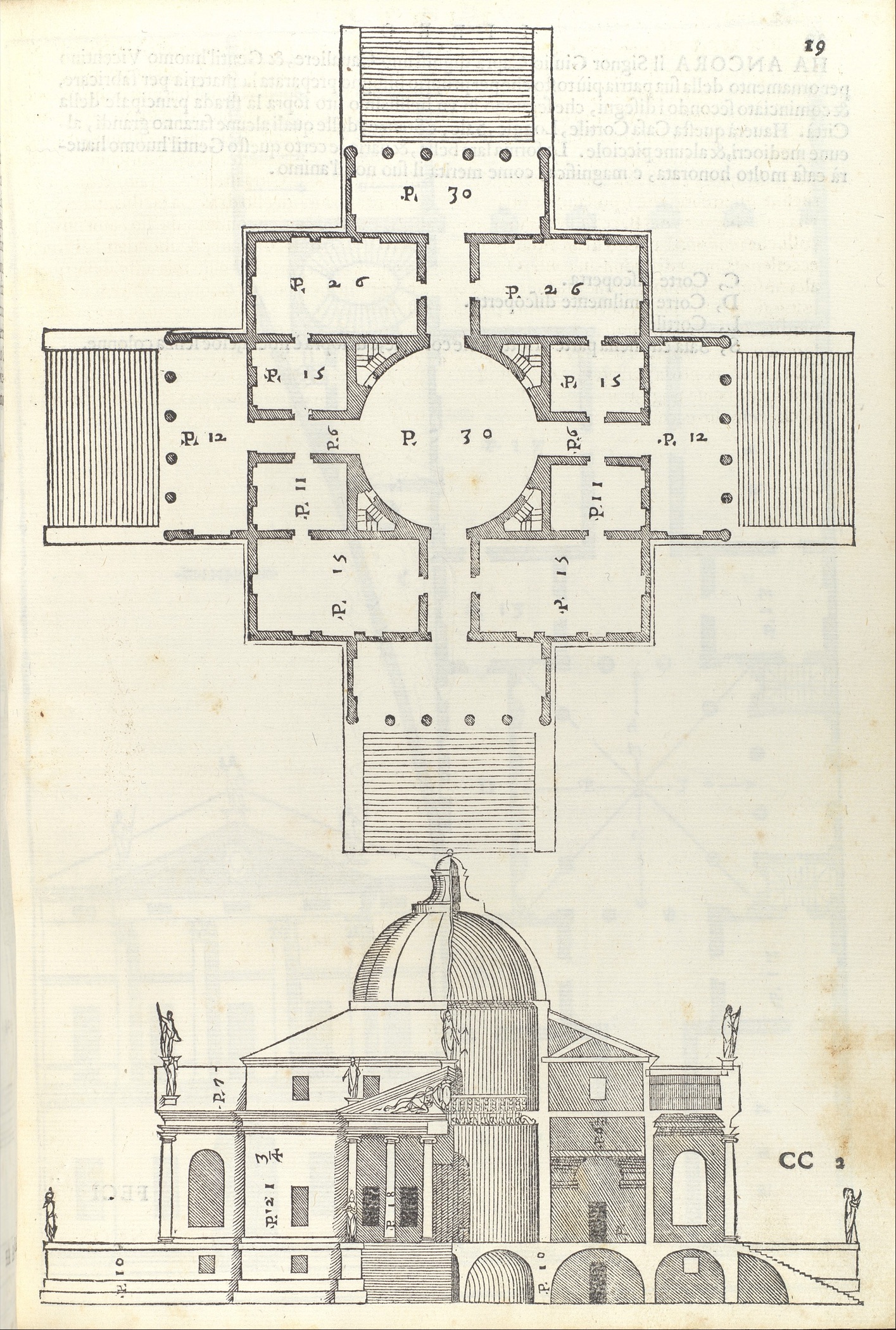 Andrea Palladio 1570 printed Villa Almerico page with a small plan and architectural elevation.