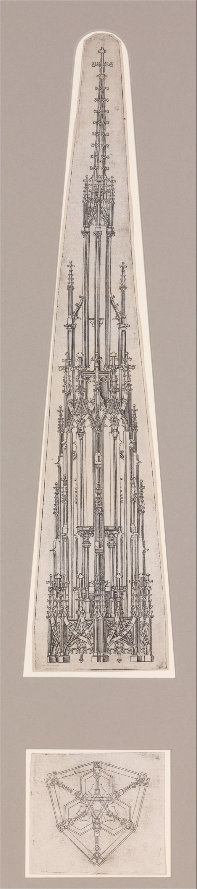 Tall fifteenth-century engraved Gothic pinnacle elevation with hexagonal plan at the bottom.
