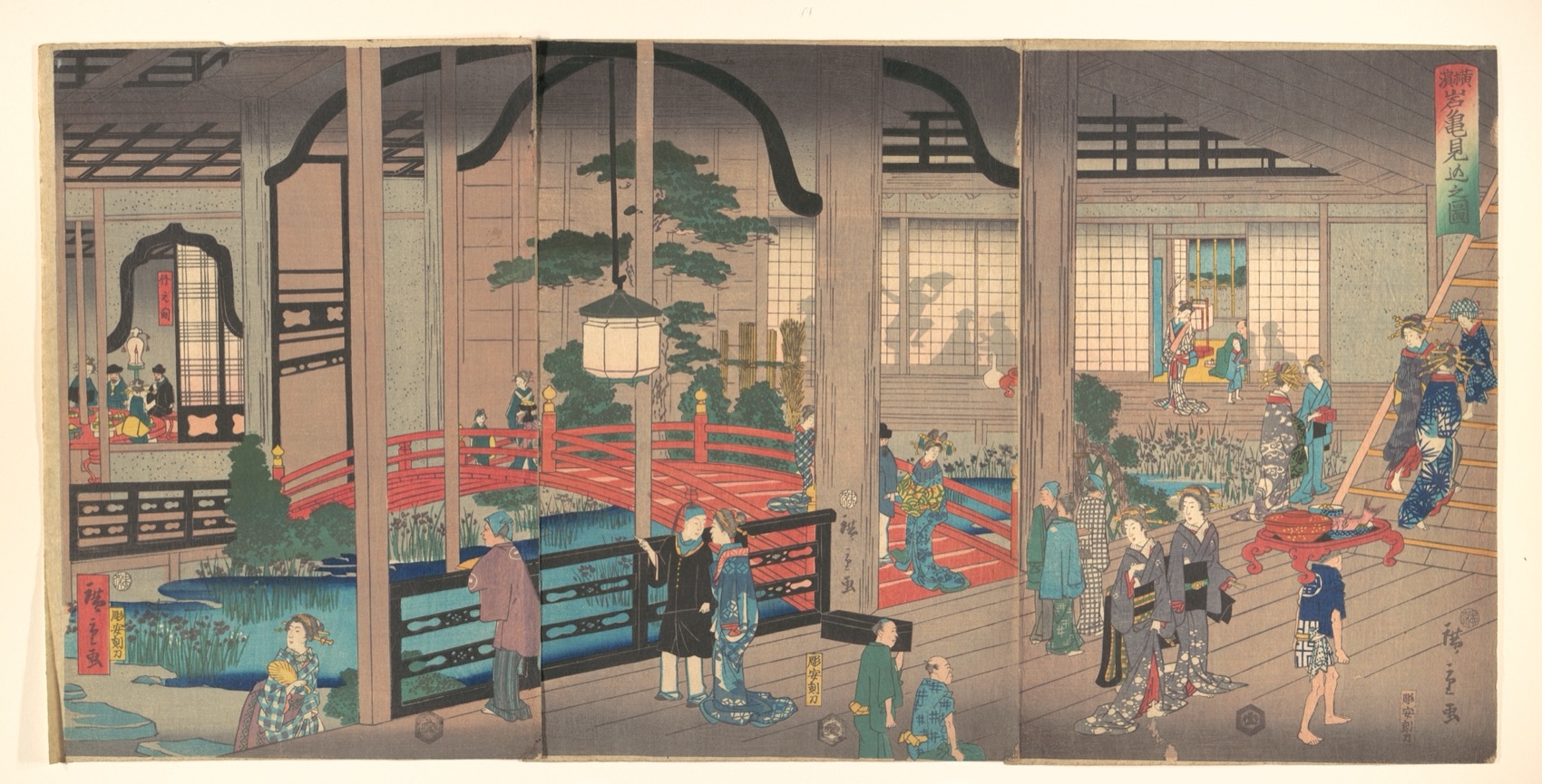 1860 Hiroshige II Japanese triptych showing timber bays, screens and occupants in a Yokohama tea-house interior.