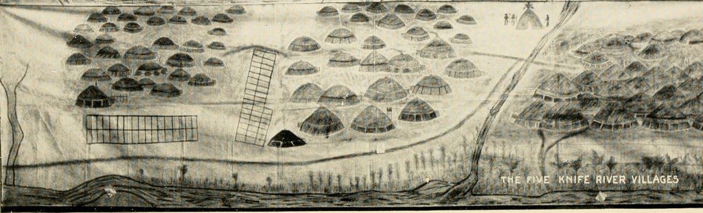 A long monochrome drawing maps clusters of circular earthlodges, rectangular fields, paths and two rivers across the Knife River area.