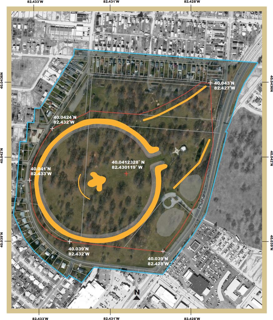 An aerial map overlays a large orange circular earthwork and adjoining lines within blue and red boundaries amid modern roads and neighbourhoods.